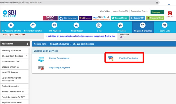 SBI Net Banking Positive Pay step 2
